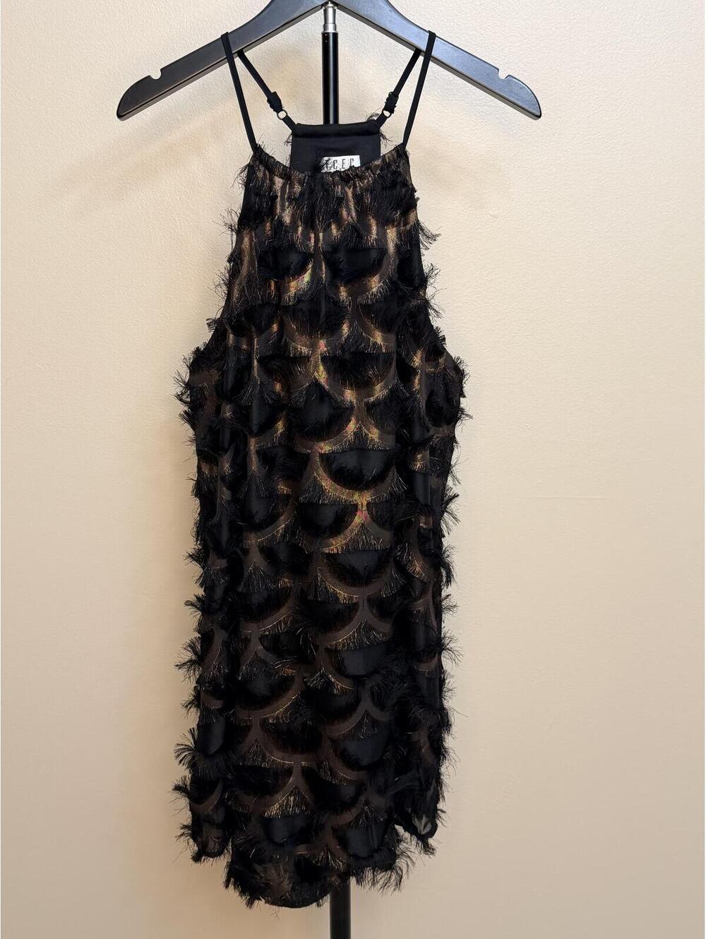TCEC Black Fringe Metallic Mini Dress Women’s Size L Shimmer Party Dress